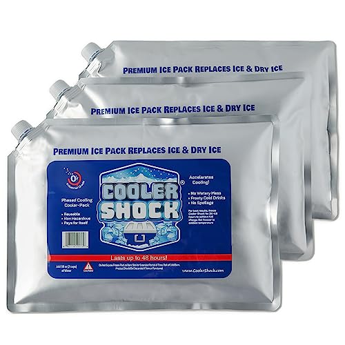Cooler Shock Reusable Ice Packs for Cooler - Set of 3 Long Lasting Cold Freezer Packs for Large Coolers and Injuries - Cooler Accessories for Beach, Fishing, Road Trips & Camping Gear