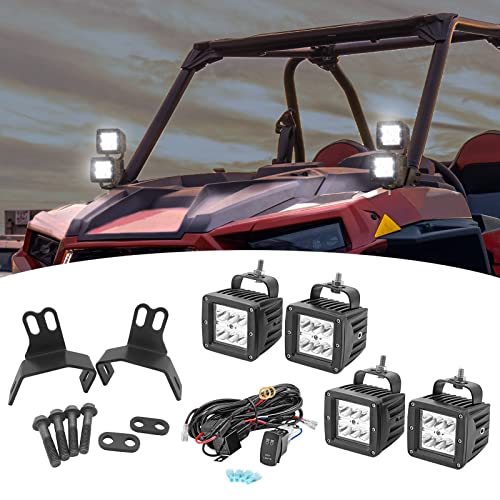 Dasen Front Side Pillar Mount Roll Bar Below Windshield Brackets w/4PCS 3 Inch LED Cube Light Pod w/Wiring Kit Compatible with 2014-2023 Polaris RZR XP 1000 900 800 Models