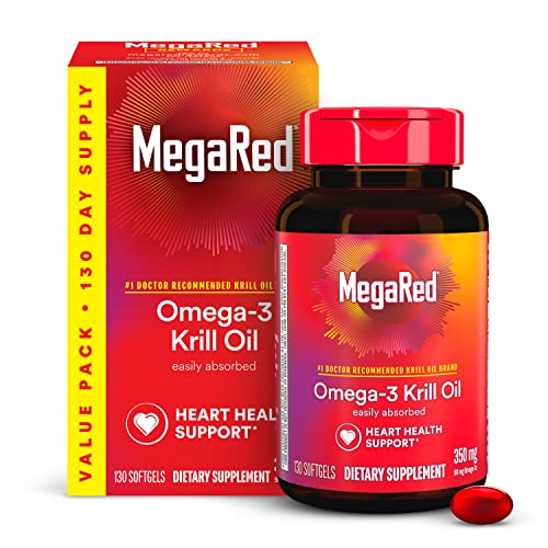 MegaRed Krill Oil 350mg Omega 3 Supplement, 1 Dr Recommended Krill Oil Brand with EPA, DHA, Astaxanthin & Phopholipids, Supports Heart, Brain, Joint and Eye Health - 130 Softgels (130 Servings)