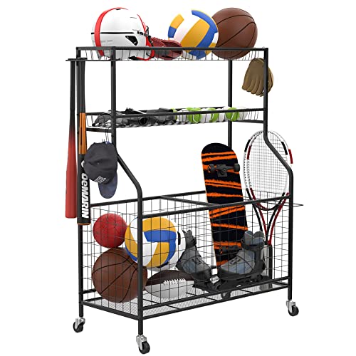 WALMANN Garage Sports Equipment Organizer, Ball Storage Rack Indoor/Outdoor Kids Toys Storage Organizer Bins, Rolling Ball Cart with Baskets and Wheels