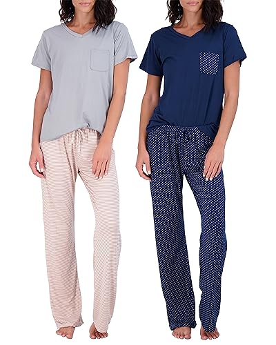 Real Essentials Women’s Pajama Sets Ladies Short Sleeve V-Neck Tops Pants Bottoms Pijama Mujer comfy Soft PJ fashion Sleepwear Lightweight Sleep loungewear Night Wear, Set 3, Medium, Pack of 2