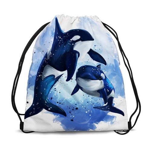 Sotunad Blue Whale Drawstring Backpack Two Killer Whales In The Ocean Watercolor Painting for Swim Bag for Beach Swim Swimming Pool Drawstring Bags