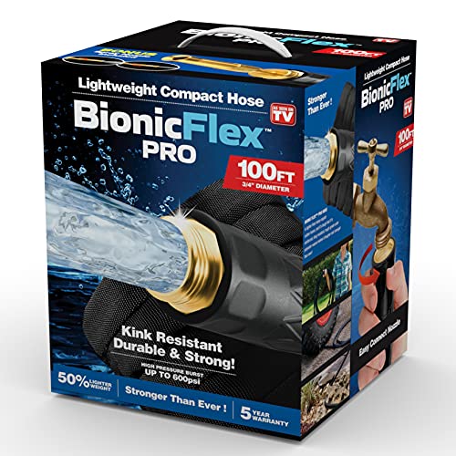 Bionic Flex PRO 100’ Garden Hose, Heavy Duty & Lightweight Weatherproof Garden Water Hose with Brass Fittings & Adjustable Brass Spraying & Shooting Nozzle, 500 PSI Tear Resistant, Kink Free Hose