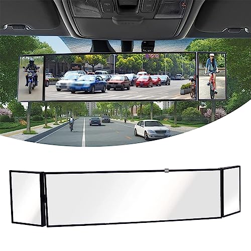 GKmow 1 PC Car Rear View Mirror, 15.1' x 3.14' HD Tri-fold Curved Reversing Wideangle Mirror, Multifunction Adjustable Anti-glare Blind Spot Mirror Universal for Cars, SUVs, Trucks, Vehicles