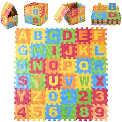 DIMPLE Kids Foam Play Mat (36-Piece Set) 6.25 x 6.25 Inches Interlocking Alphabet and Numbers Floor Puzzle Colorful EVA Tiles Girls, Boys Soft, Reusable, Easy to Clean