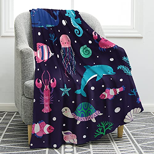 Jekeno Ocean Animal Blanket Smooth Soft Starfish Shark Turtle Print Blanket Kid Baby for Sofa Chair Bed Office Travelling Camping 50'x60'