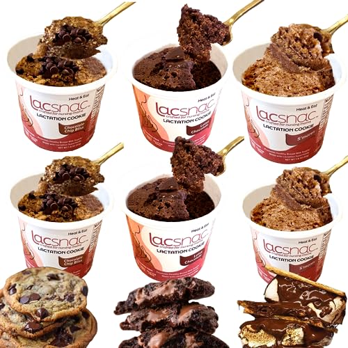 Lacsnac Lactation Cookie Cup Variety Pack - Chocolate Chip Bliss, Lotsa Chocolate, S'mores (1.8 oz, Pack of 6) for Nursing Moms - Made With Flax Seeds, Brewer’s Yeast, Spinach - Promotes Lactation