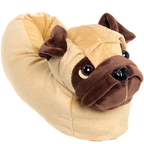 Silver Lilly Animal Slippers - Plush Pug Dog Slippers (Light Brown, Medium)