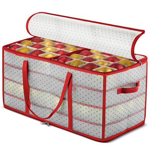 ZOBER Christmas Ornament Storage Box - Stores 128 Ornaments W/ 2 Sided Zipper - Flexible Plastic Christmas Ornament Storage Containers - 3 Inch Cube Compartments - Red