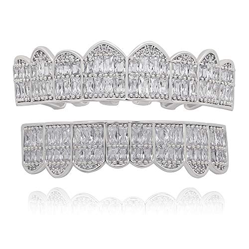 LuReen Gold Teeth Grillz Square Pave CZ 8 Teeth Top Bottom Man Women Grillz Diamonds Grillz+ 2 Extra Molding Bars for Halloween Costume Cosplay