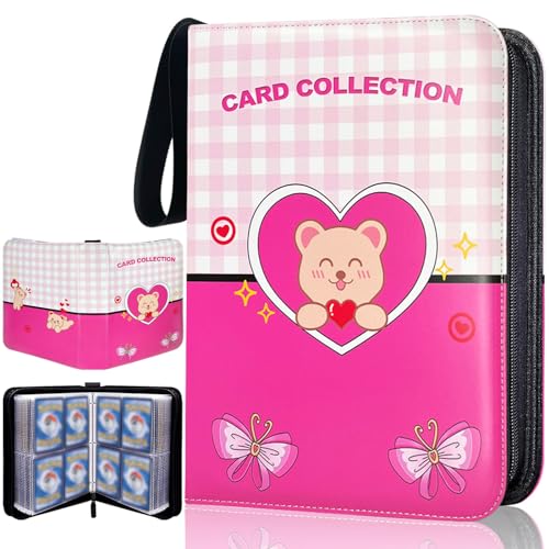 Dmoicols Cute Card Binder 4-Pocket, 520 Pockets Card Holder with 65 Removable Sleeves, Trading Cards Collector Zipper Album Holder for girls, Pink