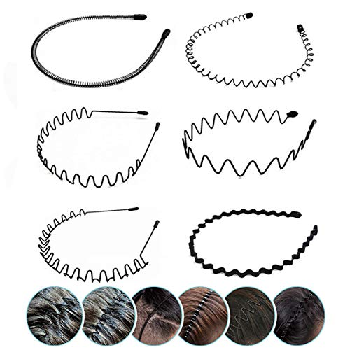 JERLITU Metal Hair Band for Men - 6 Pieces Metal Headband Wavy Hairband Spring Hair Hoop for Women Sports Fashion Hair Bands Unisex Black Elastic Head bands Non Slip Simple
