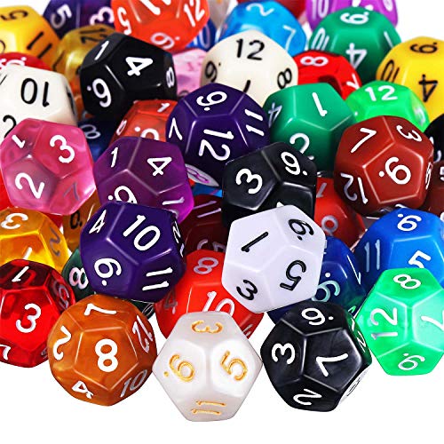 TecUnite 25 Pieces Polyhedral Dice Set with Black Pouch Compatible with DND RPG MTG and Other Table Games with Random Multi Colored Assortment (Assorted Color, 12 Sides)