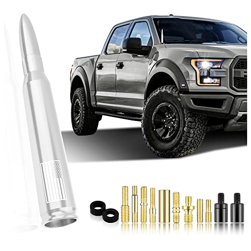 Car Bullet Antenna,Truck Exterior Decoration Accessories Car Vehicle Replacement Antenna Conpatible with Ford F150 RAM 1500 GMC Heavy Duty Pickup Trucks Accessories (New Upgrade Silver-U.S. Flag)