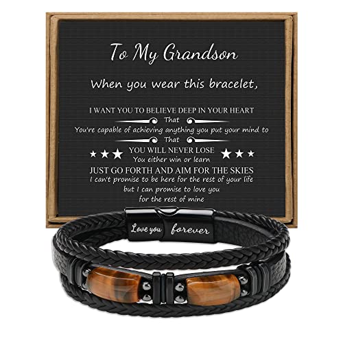 JoycuFF To My Grandson Leather Bracelets from Grandma Grandpa Birthday Holiday Gifts for Grandson Love You Forever with 2 Tigers Eye Stones To My Grandson Mens Bracelet Anniversary Christmas Gift