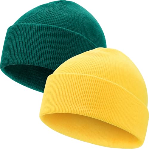 LAKIBOLE 2 Pack Beanies for Men Rib-Knit Hats for Women Spring Summer Autumn Winter Slouchy Beanie for Teenage (Green&Yellow)