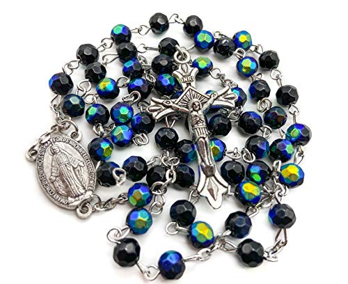 Nazareth Store Black Blue Rosary Beaded Necklace Multi Color Crystallized Glass Beads Chaplet Miraculous Medal & Cross - Velvet Bag