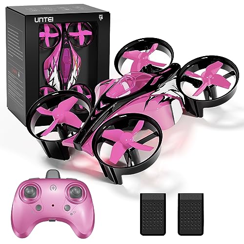 UNTEI 2 In 1 Mini Drones for Kids Remote Control Drone with Land Mode or Fly Mode, LED Lights,Auto Hovering, 3D Flip,Headless Mode and 2 Batteries,Toys Gifts for Boys Girls (Harbor Pink)