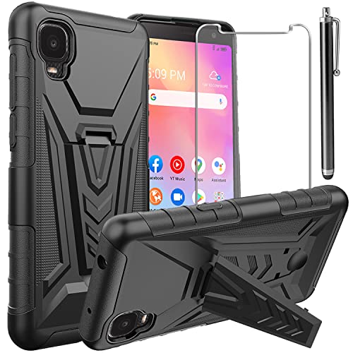 for Alcatel TCL A3/TCL A30 Case, with Tempered Glass Screen Protector Heavy Duty Protection Technology Built-in Kickstand Rugged Shockproof Protective Phone Case for Alcatel TCL A3 A509DL, (Black)