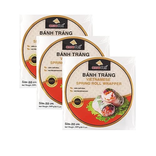 90 Sheets Premium Rice Paper, 30~32 Sheets Per Pack, 10.5 oz, Vietnamese Spring Roll Wrapper, Premium Rice Paper, Round 22cm by ASIADELI (Pack of 3 Bags)