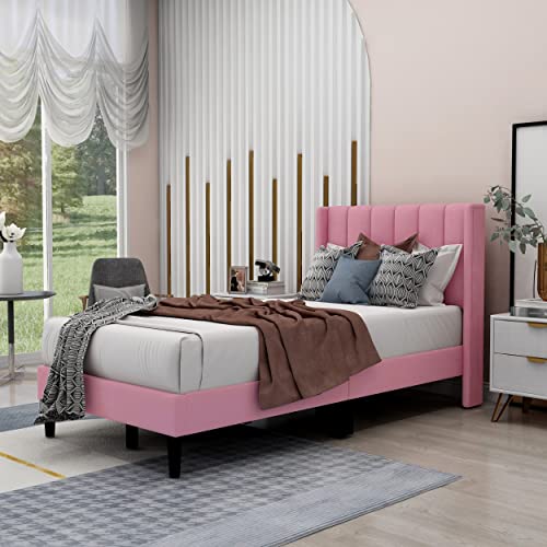 Zavoter Twin Upholstered Bed Frame with Headboard, Platform Bedframe Mattress Foundation, Wood Slats Support,Girls, No Box Spring Needed, Easy Assembly Pink