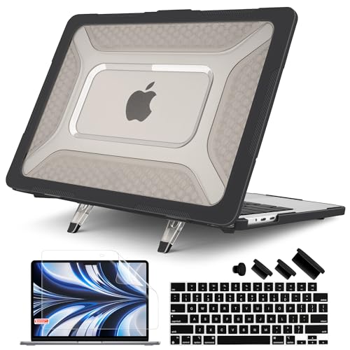 Batianda Case for M2 MacBook Air 13.6 inch 2022 Release A2681 Model,Honeycomb Heavy Duty Protective Hard Shell with TPU Bumper and Fold Kickstand & Keyboard Cover Screen Protector, Black