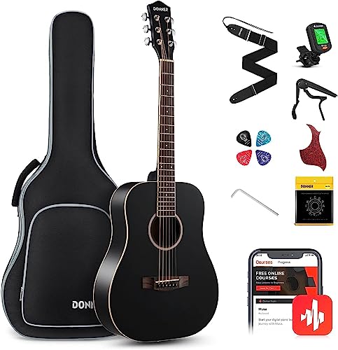 Donner Acoustic Guitar for Beginner Adult 36'' Dreadnought 3/4 Size Black Guitar Bundle Package Kit Travel, Spruce Wood With Gig Bag Capo Tuner Strap String Guitar Picks DAG-1MB/DAT-110D