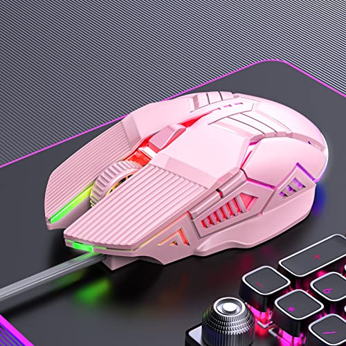CENGNIAN RGB Luminous Gaming Mouse, 1200/1600/2400/3200 DPI Wired Optical Gamer Mouse with 4 Buttons, E-Sports Mechanical Mouse, Colorful Breathing Light, Desktop Computer, Laptop (Pink)