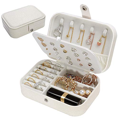 jiemei Jewelry Box, Travel Jewelry Organizer Cases with Doubel Layer for Women’s Necklace Earrings Rings and Travel Accessories(White)