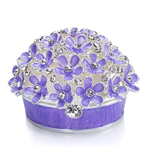 YU FENG Hinged Trinket Boxes Crystal Jeweled Enameled Purple Forget Me Not Flower Butterfly Trinket Jewelry Box for Women Girls