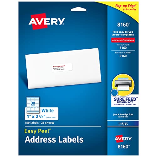 Avery Address Labels with Sure Feed for Inkjet Printers, 1' x 2-5/8', 750 Labels, Permanent Adhesive (8160) - 08160, White