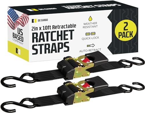 DC Cargo - Auto Retracting Ratchet Straps (2 Pack 2 inch x 10') - Heavy Duty Tie Down Retractable Ratchet Straps - Easy Self Contained Black Ratchet Strap Tie Downs for Trailers, Vehicles