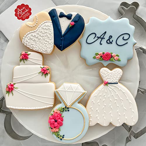Wedding Cookie Cutters 5-Pc Set Made in the USA by Ann Clark, Square Plaque, Wedding Cake, Wedding Dress, Diamond Ring, Double Heart