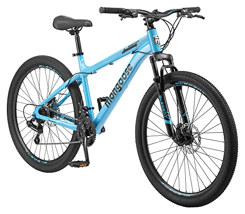 Mongoose Grafton Adult Mountain Bike, Hardtail, 21-Speed Drivetrain, 17-Inch Aluminum Frame, 27.5-Inch Wheels, Blue