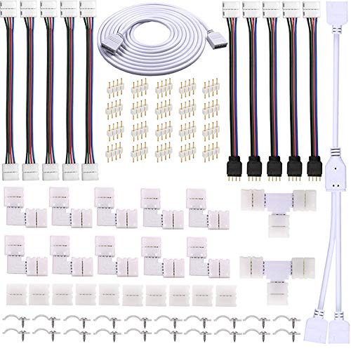 FSJEE 4 Pin LED Strip Connector Kit for 5050 10mm LED Light Strip,Include 8 Types of Solderless Accessories,Provide Most of Parts for DIY Lighting Project