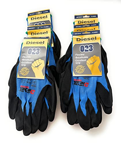 XL/ 6 Pair Diesel Blue Safety Gloves Latex Coated Grip Cut Resistant
