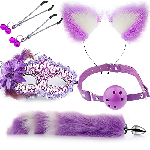 AIQUEA 5Pcs Ball Mask Detachable for Trainer Anales Bu-tt Plug with Fox's Wolf Tail Ear Necklace Cosplay Set Women Purple