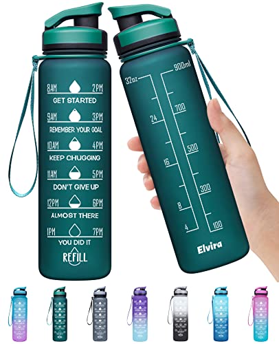 Elvira 32oz Large Water Bottle with Motivational Time Marker & Removable Strainer,Fast Flow BPA Free Non-Toxic for Fitness, Gym and Outdoor Sports-Blackish Green-2