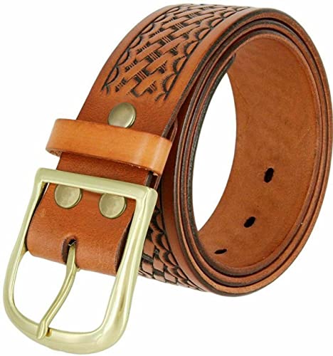 Utility Uniform Work Belt w/Center Bar Buckle One Piece Full Grain Leather Basketweave Embossed Belt 1-3/4'(45mm) Wide (Tan, 42)