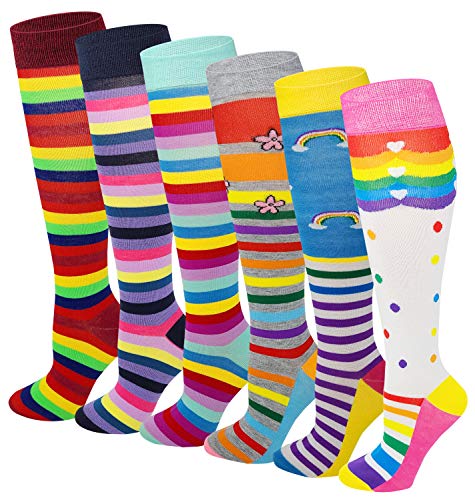 6 Pairs Women's Fancy Design Multi Colorful Patterned Knee High Socks,Rainbow Stripes,Size 9-11 ( Fit women shoe size 4 to 10 )