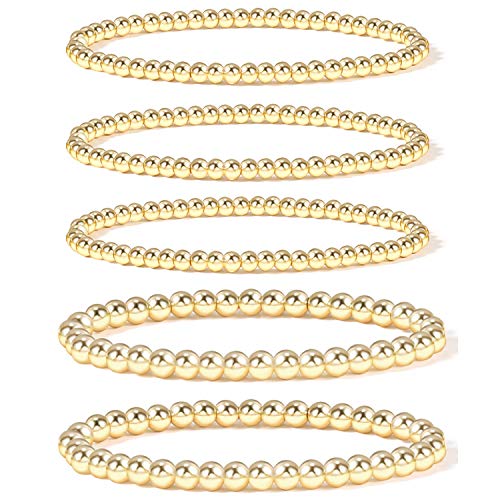 Badu Gold Bead Bracelet for Women 14K Gold Plated Bead Ball Bracelet Stretchable Elastic Hypoallergenic Bohemian Stackable Bracelet（Small）