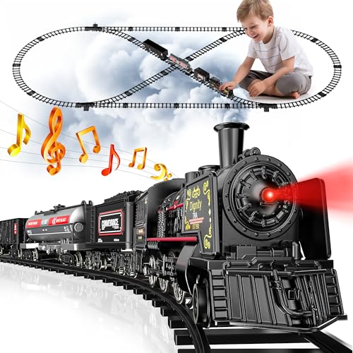 Hot Bee Train Set for Boys, Alloy Metal Electric Train Toys w/Steam Locomotive & Tracks, Train Sets w/Smoke, Sounds & Lights, Toys for 3 4 5 6 7 8+ Years Old Kids