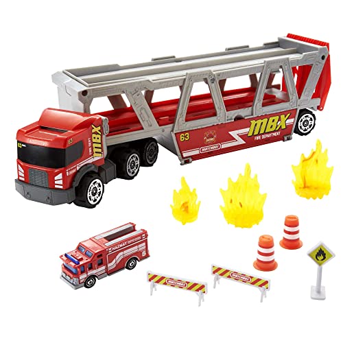 ​Matchbox Fire Rescue Hauler Playset Themed Hauler with 1 Fire-Themed Vehicle, Holds 16 Cars, Easy-Release Ramp, 8 Accessories & Storage, for 3 & Up [Amazon Exclusive]