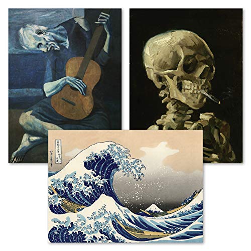 3 Pack of Posters: Vincent Van Gogh Skeleton + The Old Guitarist by Pablo Picasso + The Great Wave Off Kanagawa by Katsushika Hokusai - Set of 3 Fine Art Prints (LAMINATED, 18' x 24')