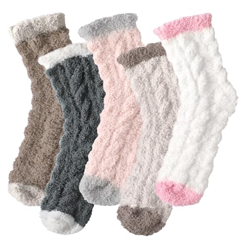 5 Pair Super Soft and Cozy Fuzzy Winter Socks for Women - Fluffy Slipper Socks in Morandi Colors