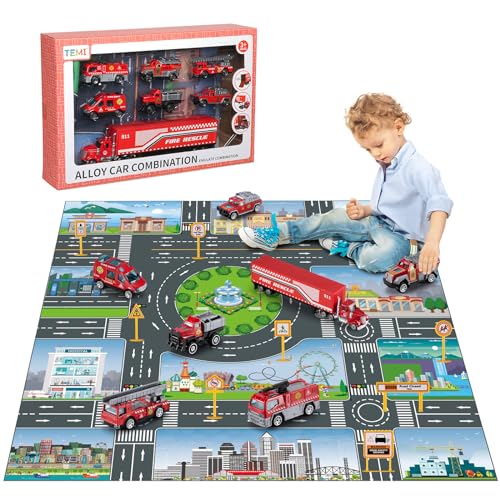 TEMI Diecast Emergency Fire Rescue Vehicle Toy Set w/Play Mat, Truck Carrier,Ambulance, Alloy Metal Fighting Car for 3 4 5 6 Years Old Toddlers Kids Boys and Girls