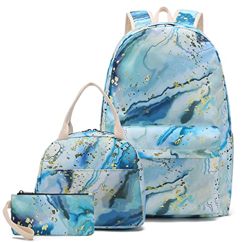 Pawsky Waterproof School Backpack Set Fits 14' Laptop Backpack Daypack College School Bookbag with Lunch Box and Pencil Case (marble-blue)