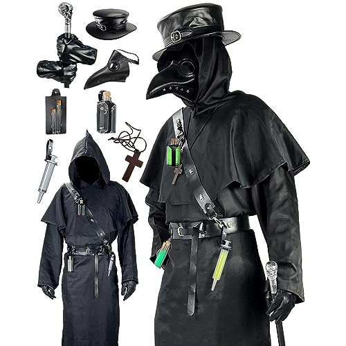 Absolute Vibe Plague Doctor Costume Set Halloween Props Renaissance Medieval Monk Priest Cosplay Outfit Mask Hat Robe Cane (Black, L)