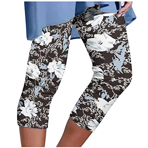 HGps8w Women's Floral Print Capri Leggings - High Waisted Tummy Control Tight Pants for Running Exercise Yoga Gym Workout