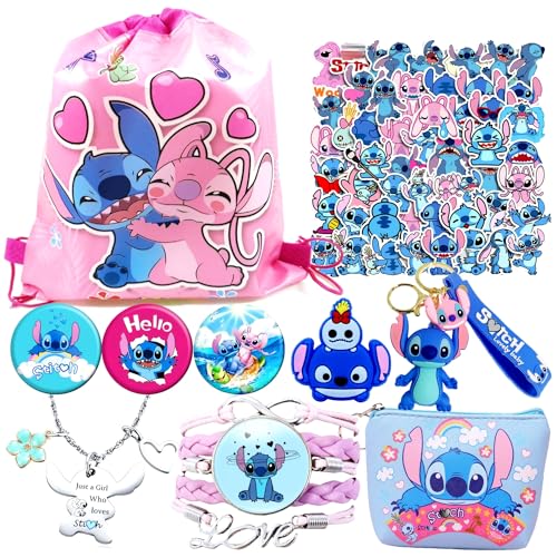 Stitch Merchandise Stuff Gifts for Girls, Cute Anime Merch Accessories Things Including Drawstring Bag Backpack, Stickers, Coin Purse, Necklace, Bracelet, Keychain, Phone Holder, Button Pins